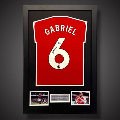 WEB EXCLUSIVE Gabriel Magalhaes Hand Signed Arsenal Shirt/Jersey In Luxury Wooden Frame & Certificate Of Authenticity Football Soccer Premier League Autograph Memorabilia Certified