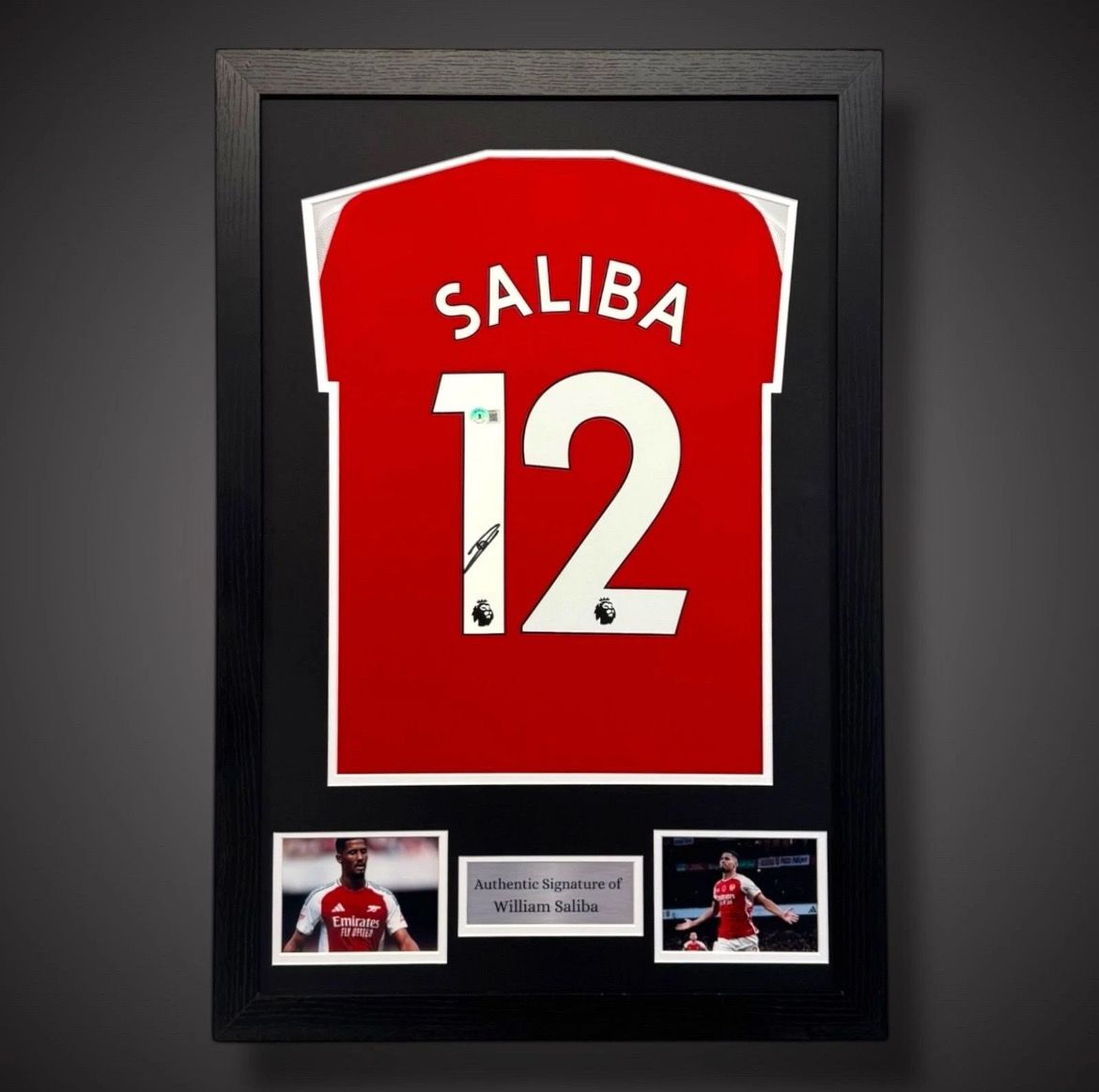WEB EXCLUSIVE William Saliba Hand Signed Arsenal Shirt/Jersey In Luxury Wooden Frame & Certificate Of Authenticity Football Soccer Premier League Autograph Memorabilia Certified