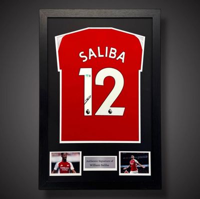 WEB EXCLUSIVE William Saliba Hand Signed Arsenal Shirt/Jersey In Luxury Wooden Frame & Certificate Of Authenticity Football Soccer Premier League Autograph Memorabilia Certified