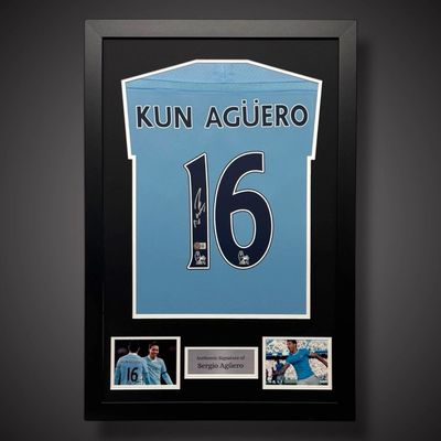 WEB EXCLUSIVE Sergio Aguero Hand Signed Manchester City Shirt/Jersey In Luxury Wooden Frame & Certificate Of Authenticity Football Soccer Premier League Autograph Memorabilia Certified