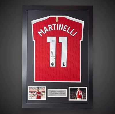 WEB EXCLUSIVE Gabriel Martinelli Hand Signed Arsenal Shirt/Jersey In Luxury Wooden Frame & Certificate Of Authenticity Football Soccer Premier League Autograph Memorabilia Certified