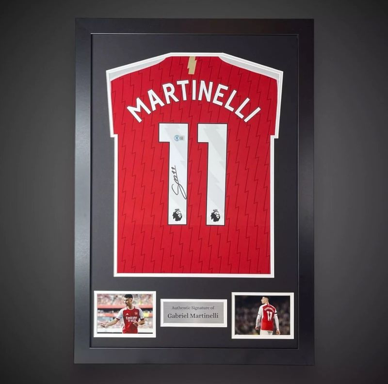 WEB EXCLUSIVE Gabriel Martinelli Hand Signed Arsenal Shirt/Jersey In Luxury Wooden Frame & Certificate Of Authenticity Football Soccer Premier League Autograph Memorabilia Certified