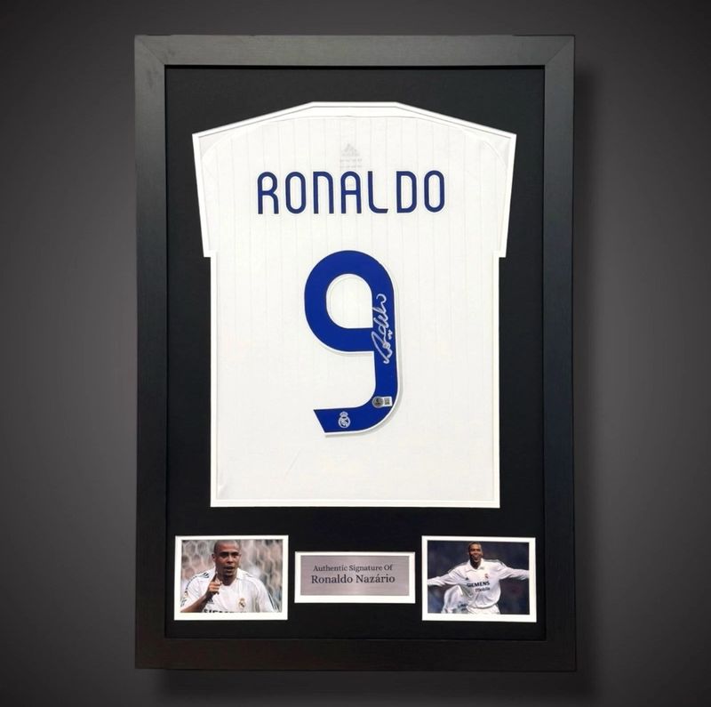 WEB EXCLUSIVE Ronaldo Nazario Hand Signed Real Madrid Shirt/Jersey In Luxury Wooden Frame & Certificate Of Authenticity Football Soccer Autograph Memorabilia Certified