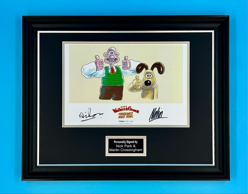 Merlin Crossingham & Nick Park Signed Photo In Luxury Handmade Wooden Frame & Certificate Of Authenticity Movie Film TV Memorabilia Autograph Auto Wallace & Gromit Vengeance Most Fowl Poster