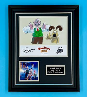 Merlin Crossingham & Nick Park Signed Photo In Luxury Handmade Wooden Frame & Certificate Of Authenticity Movie Film TV Memorabilia Autograph Auto Wallace & Gromit Vengeance Most Fowl Poster