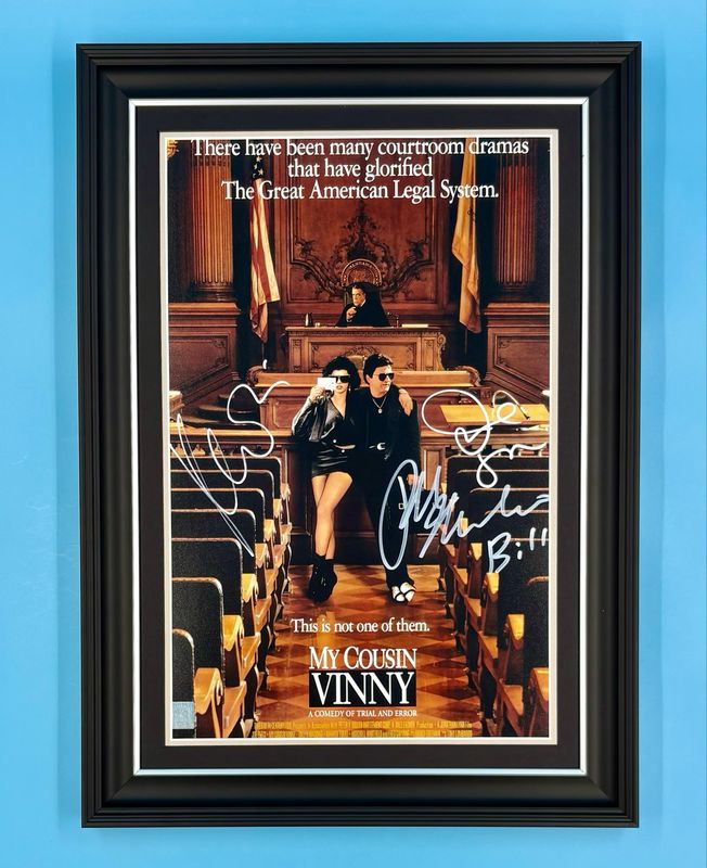 Joe Pesci, Marisa Tomei & Ralph Macchio Signed Photo In Luxury Handmade Wooden Frame & Certificate Of Authenticity Movie Film TV Memorabilia Autograph Auto My Cousin Vinny Poster