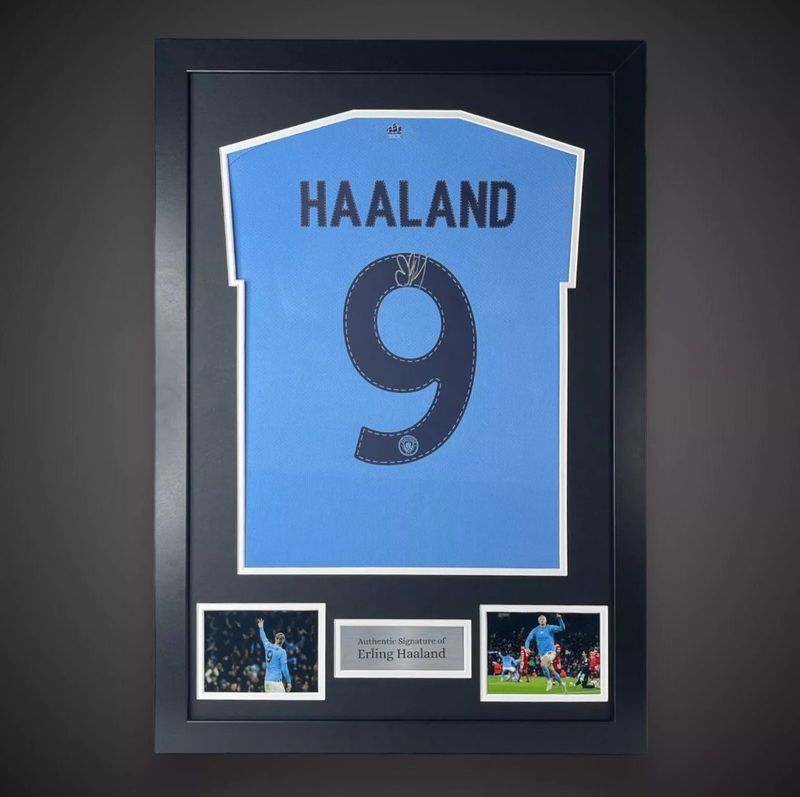 WEB EXCLUSIVE Erling Haaland Hand Signed Manchester City Shirt/Jersey In Luxury Wooden Frame & Certificate Of Authenticity Football Soccer Premier League Autograph Memorabilia Certified