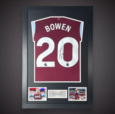 WEB EXCLUSIVE Jarrod Bowen Hand Signed West Ham United Shirt/Jersey In Luxury Wooden Frame & Certificate Of Authenticity Football Soccer World Cup Autograph Memorabilia Certified