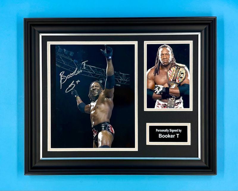 Booker T Signed Photo In Luxury Handmade Wooden Frame & Certificate Of Authenticity WWE Memorabilia Autograph Auto Poster