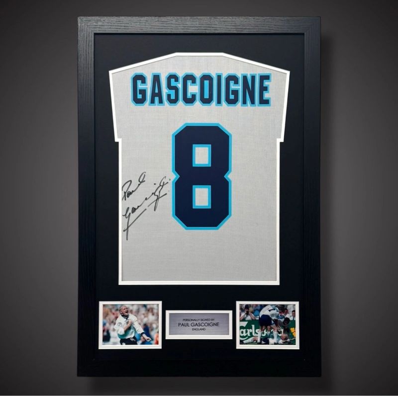 WEB EXCLUSIVE Paul Gascoigne Hand Signed England Shirt/Jersey In Luxury Wooden Frame & Certificate Of Authenticity Football Soccer World Cup Autograph Memorabilia Certified