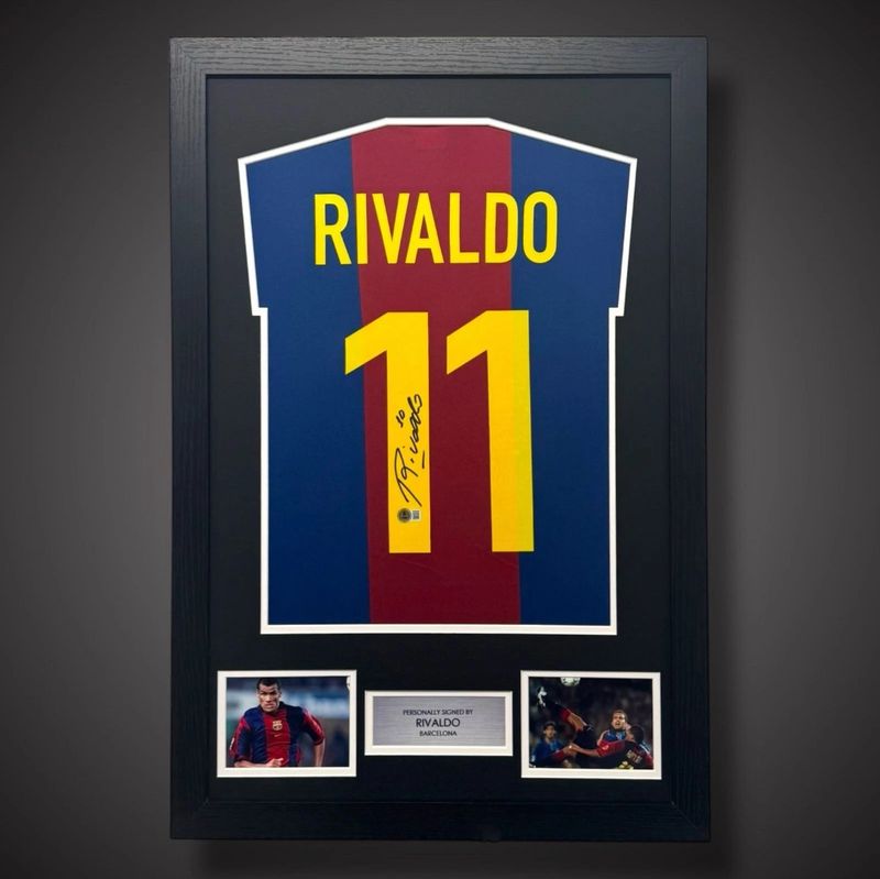 WEB EXCLUSIVE Rivaldo Hand Signed F.C Barcelona Shirt/Jersey In Luxury Wooden Frame & Certificate Of Authenticity Football Soccer World Cup Autograph Memorabilia Certified