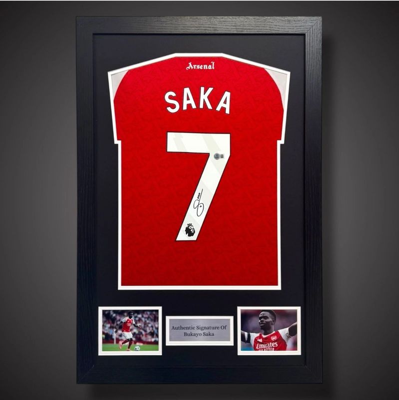 WEB EXCLUSIVE Bukayo Saka Hand Signed Arsenal Shirt/Jersey In Luxury Wooden Frame & Certificate Of Authenticity Football Soccer Premier League Autograph Memorabilia Certified