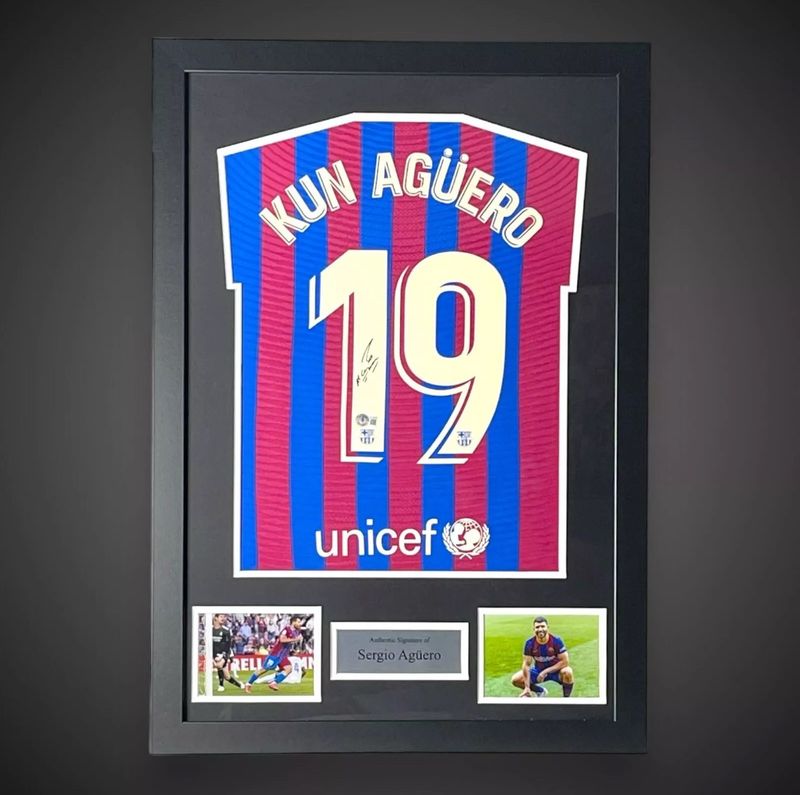 Sergio Aguero Stunning Hand Signed FC Barcelona Football Soccer Jersey Shirt in Presentation Display with Beckett Verification & Certificate of Authenticity