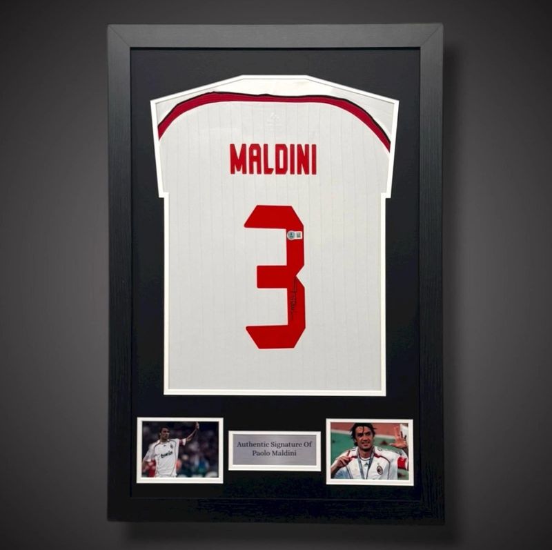 WEB EXCLUSIVE Paolo Maldini Hand Signed AC Milan Shirt/Jersey In Luxury Wooden Frame & Certificate Of Authenticity Football Soccer World Cup Autograph Memorabilia Certified