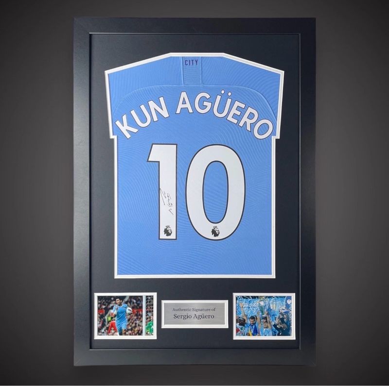 WEB EXCLUSIVE Sergio Aguero Hand Signed Manchester City Shirt/Jersey In Luxury Wooden Frame & Certificate Of Authenticity Football Soccer Premier League Autograph Memorabilia Certified