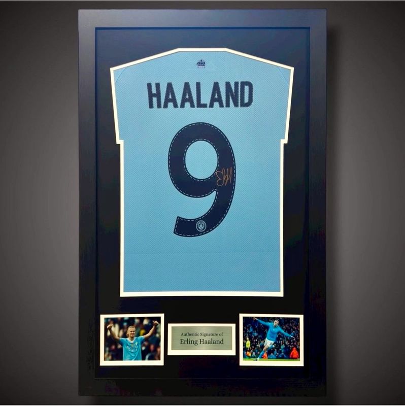WEB EXCLUSIVE Erling Haaland Hand Signed Manchester City Shirt/Jersey In Luxury Wooden Frame & Certificate Of Authenticity Football Soccer Premier League Autograph Memorabilia Certified