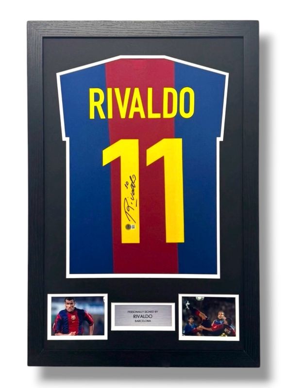 WEB EXCLUSIVE Rivaldo Hand Signed F.C Barcelona Shirt/Jersey In Luxury Wooden Frame & Certificate Of Authenticity Football Soccer World Cup Autograph Memorabilia Certified WEB EXCLUSIVE Rivaldo Hand Signed F.C Barcelona Shirt/Jersey In Luxury Wooden Frame & Certificate Of Authenticity Football Soccer World Cup Autograph Memorabilia Certified