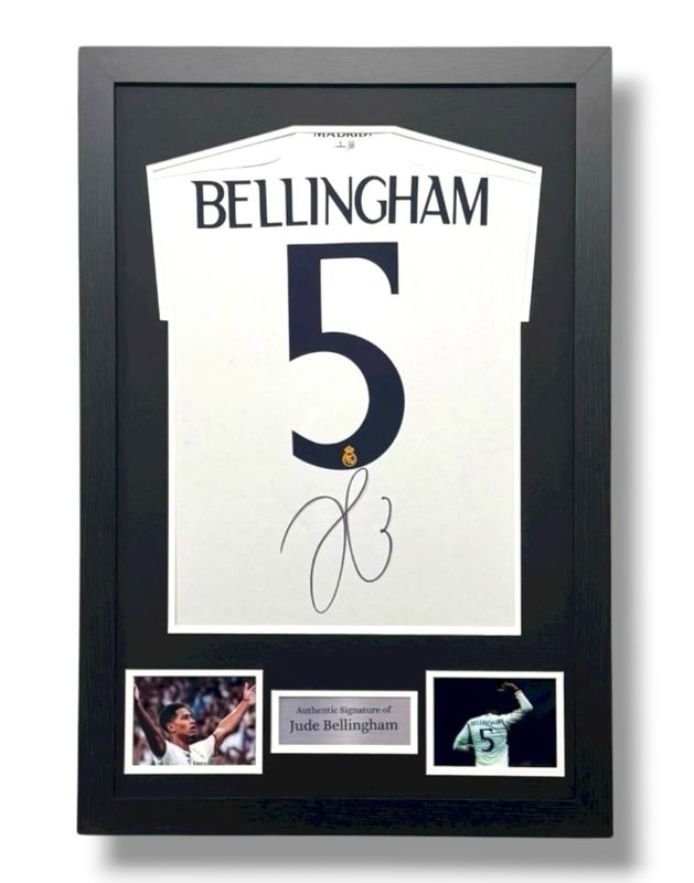 WEB EXCLUSIVE Jude Bellingham Hand Signed Real Madrid Shirt/Jersey In Luxury Wooden Frame & Certificate Of Authenticity Football Soccer World Cup Autograph Memorabilia Certified WEB EXCLUSIVE Jude Bellingham Hand Signed Real Madrid Shirt/Jersey In Luxury Wooden Frame & Certificate Of Authenticity Football Soccer World Cup Autograph Memorabilia Certified