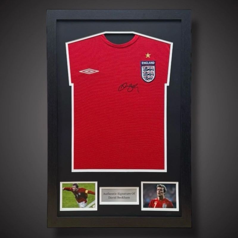 WEB EXCLUSIVE David Beckham Hand Signed England Shirt/Jersey In Luxury Wooden Frame & Certificate Of Authenticity Football Soccer World Cup Autograph Memorabilia Certified