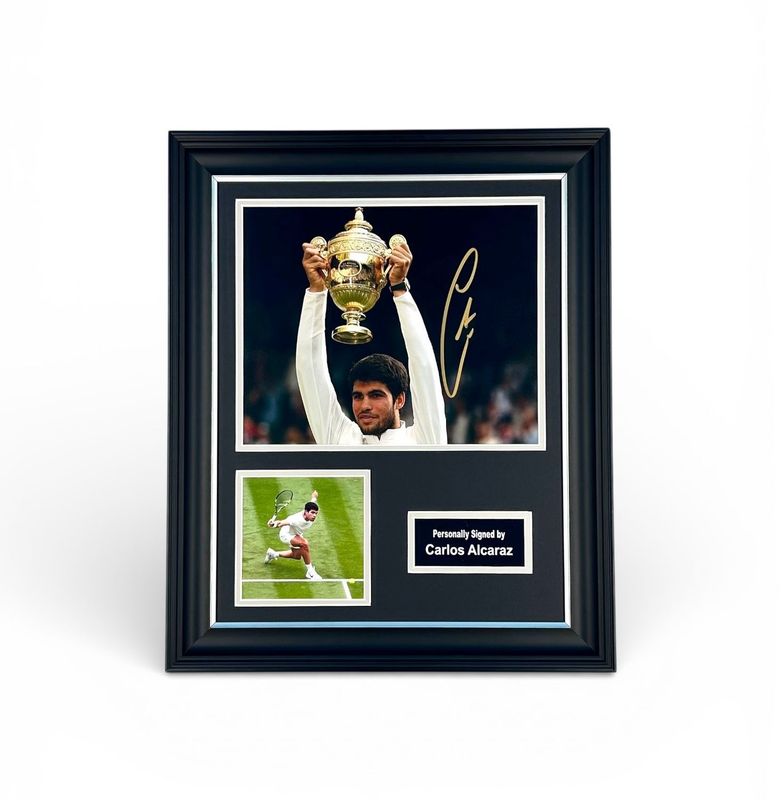Carlos Alcaraz Signed Photo In Luxury Handmade Wooden Frame & Certificate Of Authenticity Tennis Memorabilia Autograph Auto Wimbledon Poster