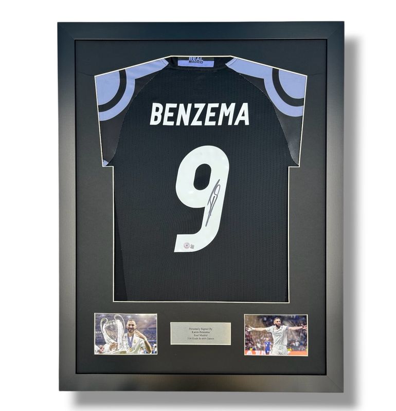 Karim Benzema Signed Shirt In Luxury Wooden Frame With Beckett Verification & Certificate Of Authenticity Football Soccer Memorabilia Autograph Auto Real Madrid Jersey Karim Benzema Signed Shirt In Luxury Wooden Frame With Beckett Verification & Certificate Of Authenticity Football Soccer Memorabilia Autograph Auto Real Madrid Jersey