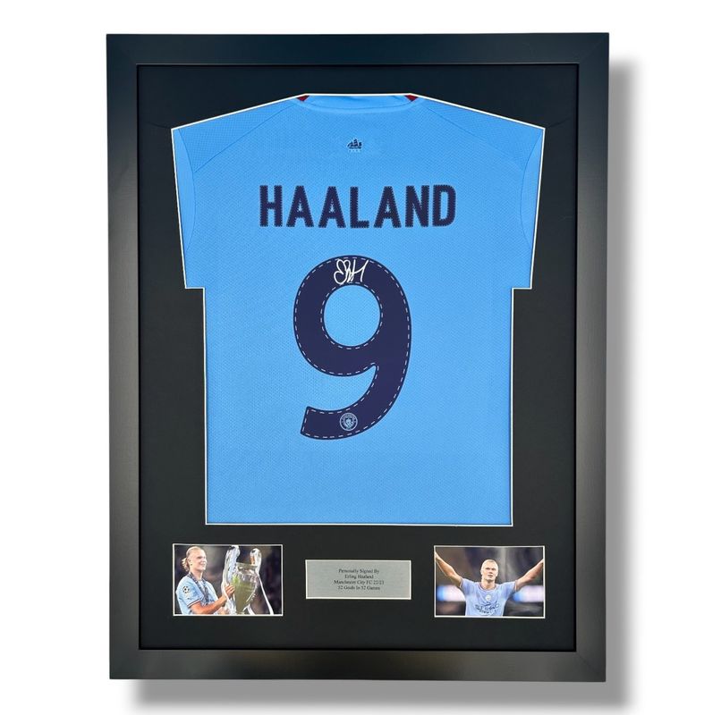 Erling Haaland Signed Shirt In Luxury Wooden Frame & Certificate Of Authenticity Football Soccer Memorabilia Autograph Auto Manchester City Jersey Erling Haaland Signed Shirt In Luxury Wooden Frame & Certificate Of Authenticity Football Soccer Memorabilia Autograph Auto Manchester City Jersey
