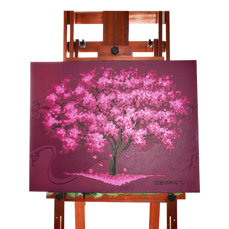 Quadro Original DNA Isaac Ipê Rosa/fundo vinho