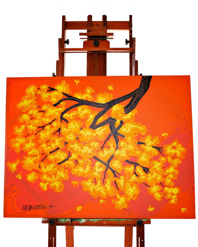 Quadro Original DNA Isaac Galho Ipê amarelo/fundo laranja