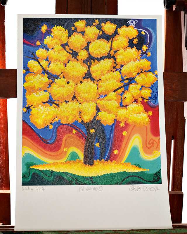 Gravura  Assinatura Original Ipê Amarelo/fundo movimento