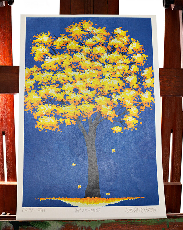 Gravura  Assinatura Original Ipê Amarelo/fundo azul escuro