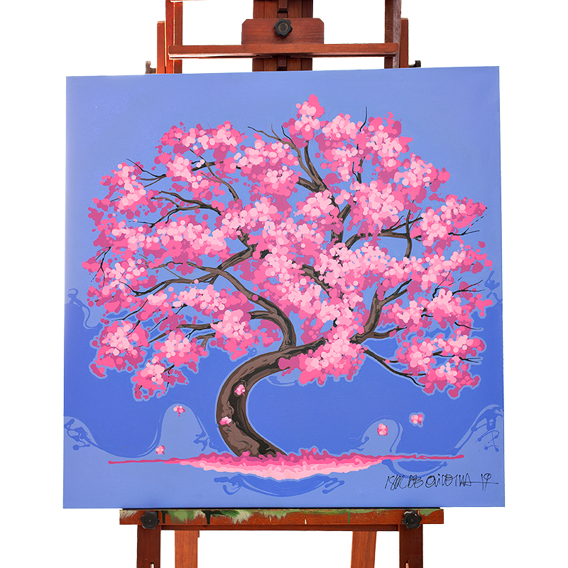 Quadro Original DNA Isaac Ipê Rosa/fundo roxo