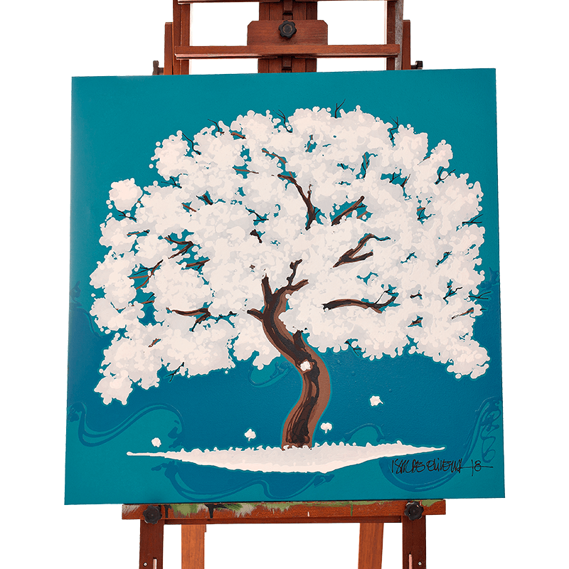 Quadro Original DNA Isaac Ipê Branco/fundo azul fechado