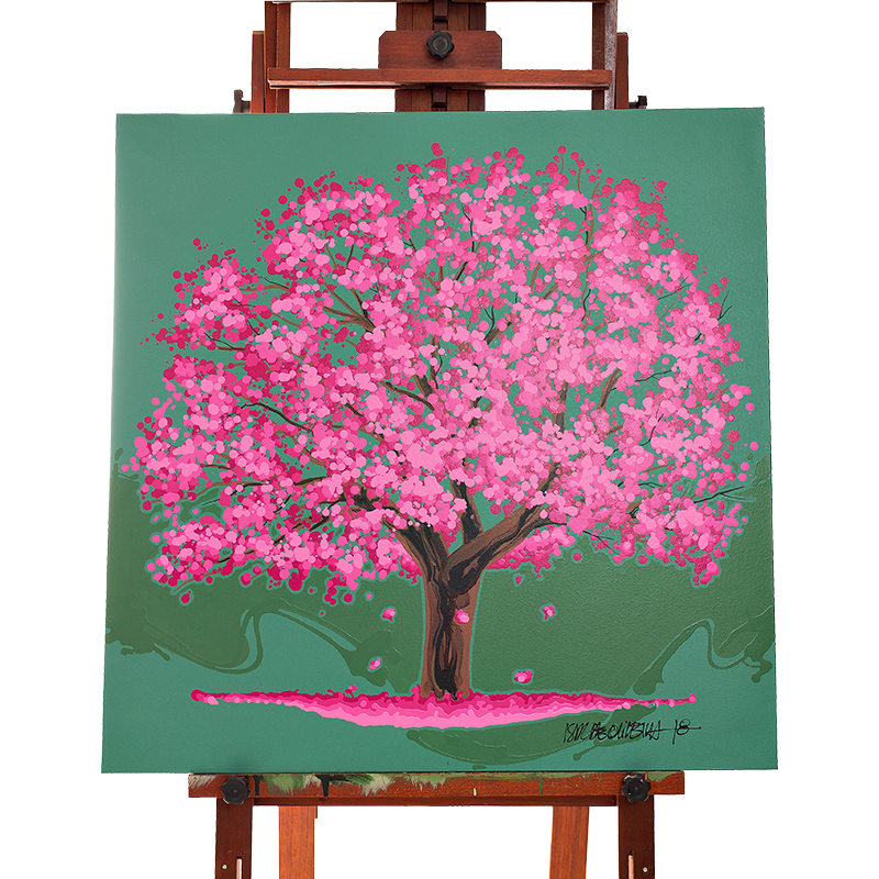 Quadro Original DNA Isaac Ipê Rosa/fundo verde fechado