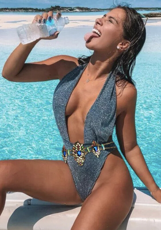 GREY SHIMMER SWIMSUIT WITH RHINESTONE BELT GREY SHIMMER SWIMSUIT WITH RHINESTONE BELT