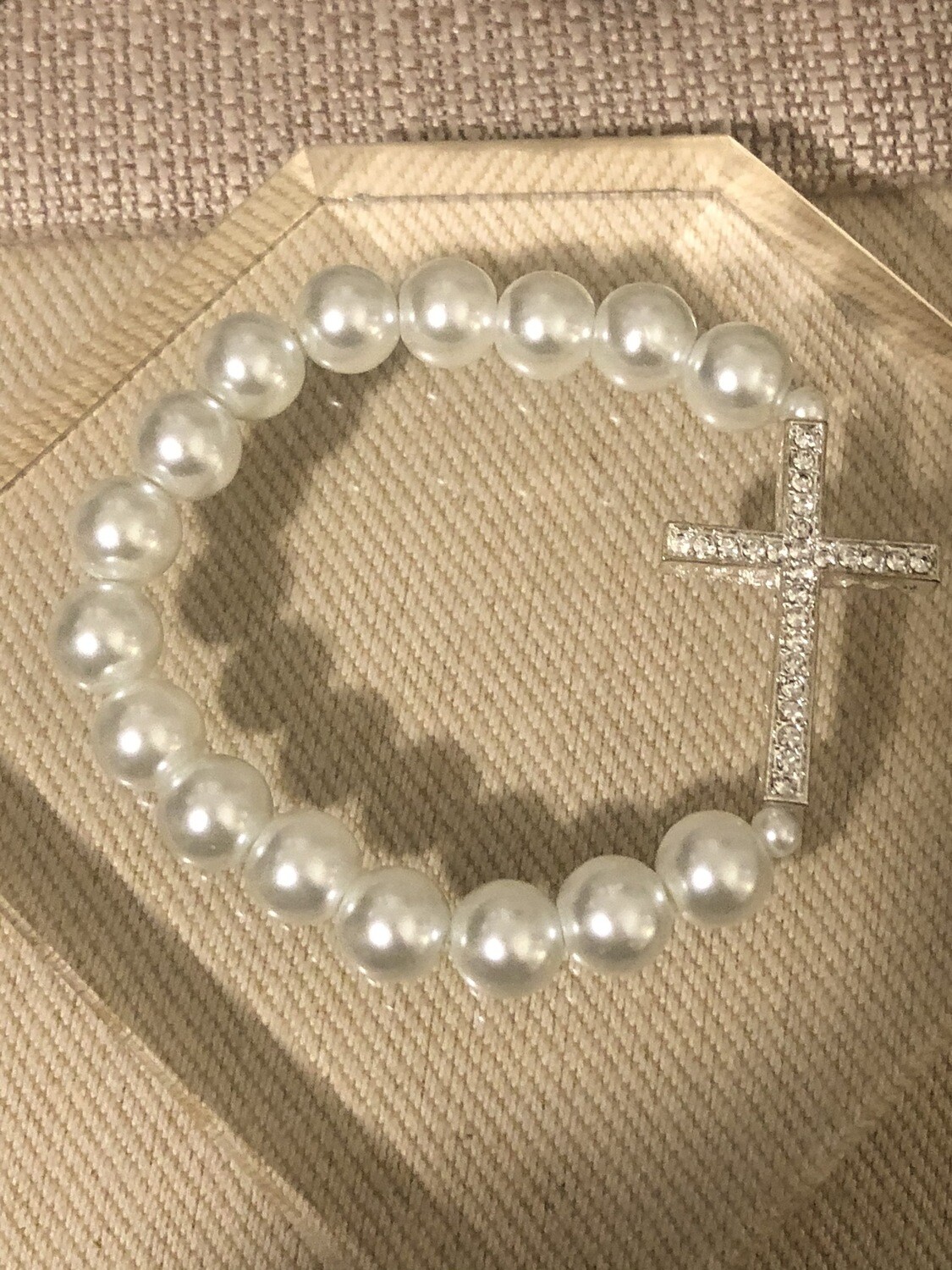 Glass Pearl Zirconia Cross Stretch Bracelet