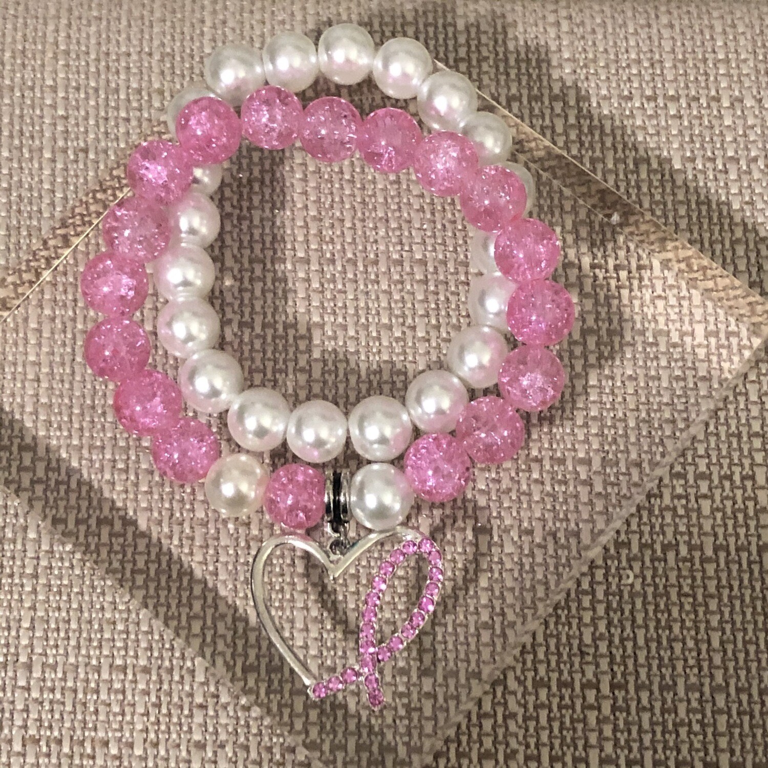 Pink &amp; Pearl Glass Beaded Cancer Awareness Bracelets With Charm (2)