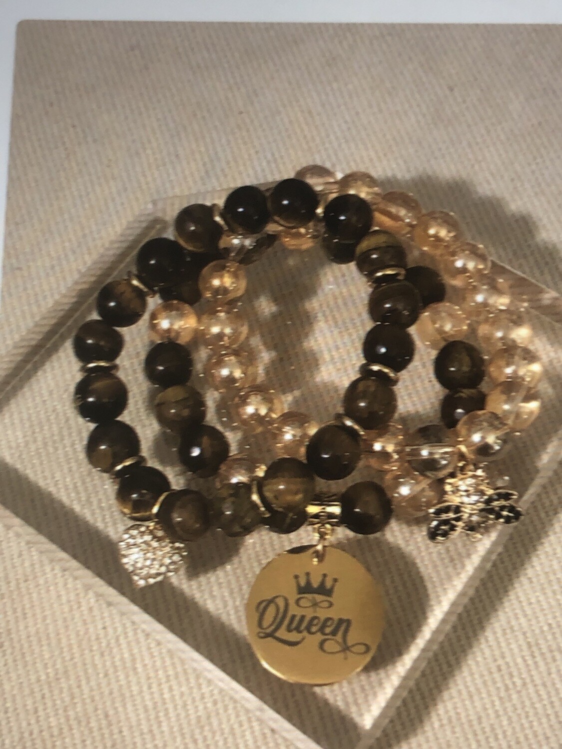 Tiger Eye &amp; Gold Metallic Titanium Natural Quartz Stretch Beaded Bracelets(3)