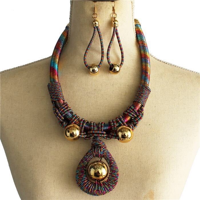 Multi Colored Cord Necklace &amp; Earring Set (Gold)
