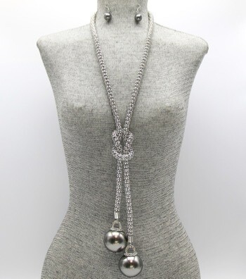 Grey Pearl Crystal Drop Necklace Set