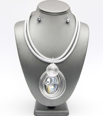 Cord Tear Drop Crystal Necklace Set (Silver)