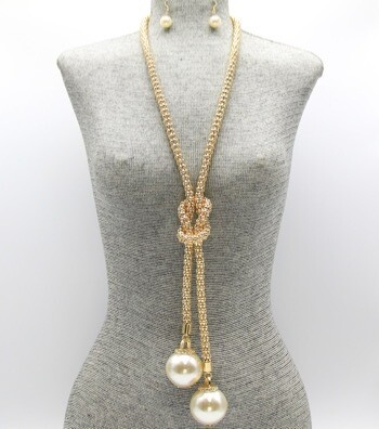 Cream Pearl Crystal  Drop Necklace Set