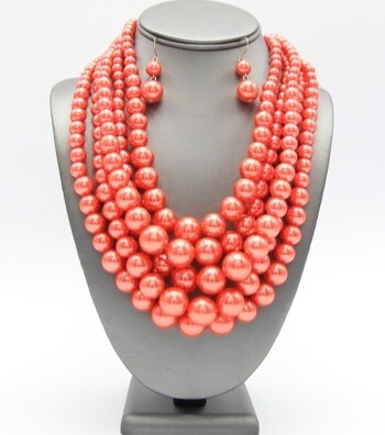 Orange Five Strand Pearl Necklace Set