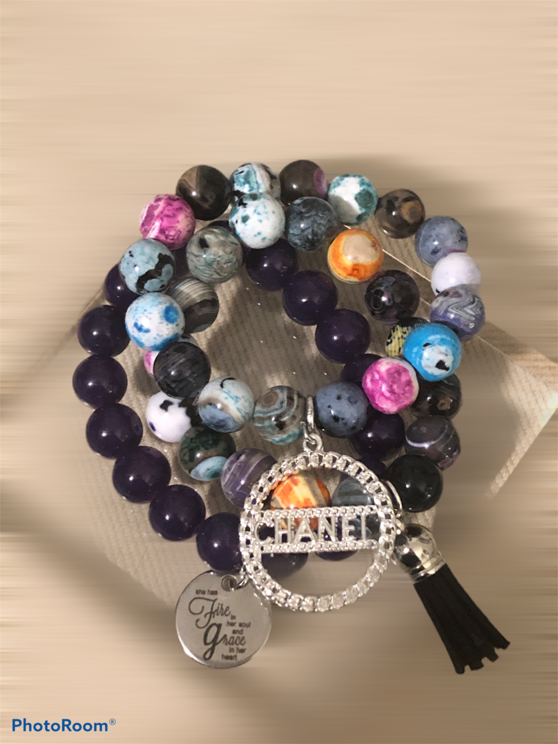Purple &amp; Multicolored Agate Beaded Bracelets With Charms 3