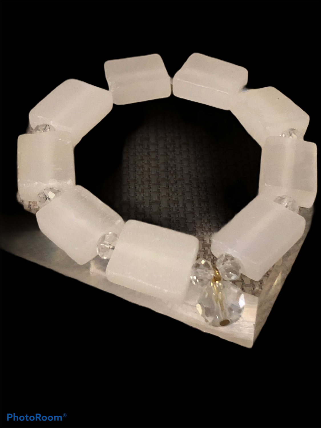 White Jade Gemstone &amp; Crystal Spacer Beaded Stretch Bracelet
