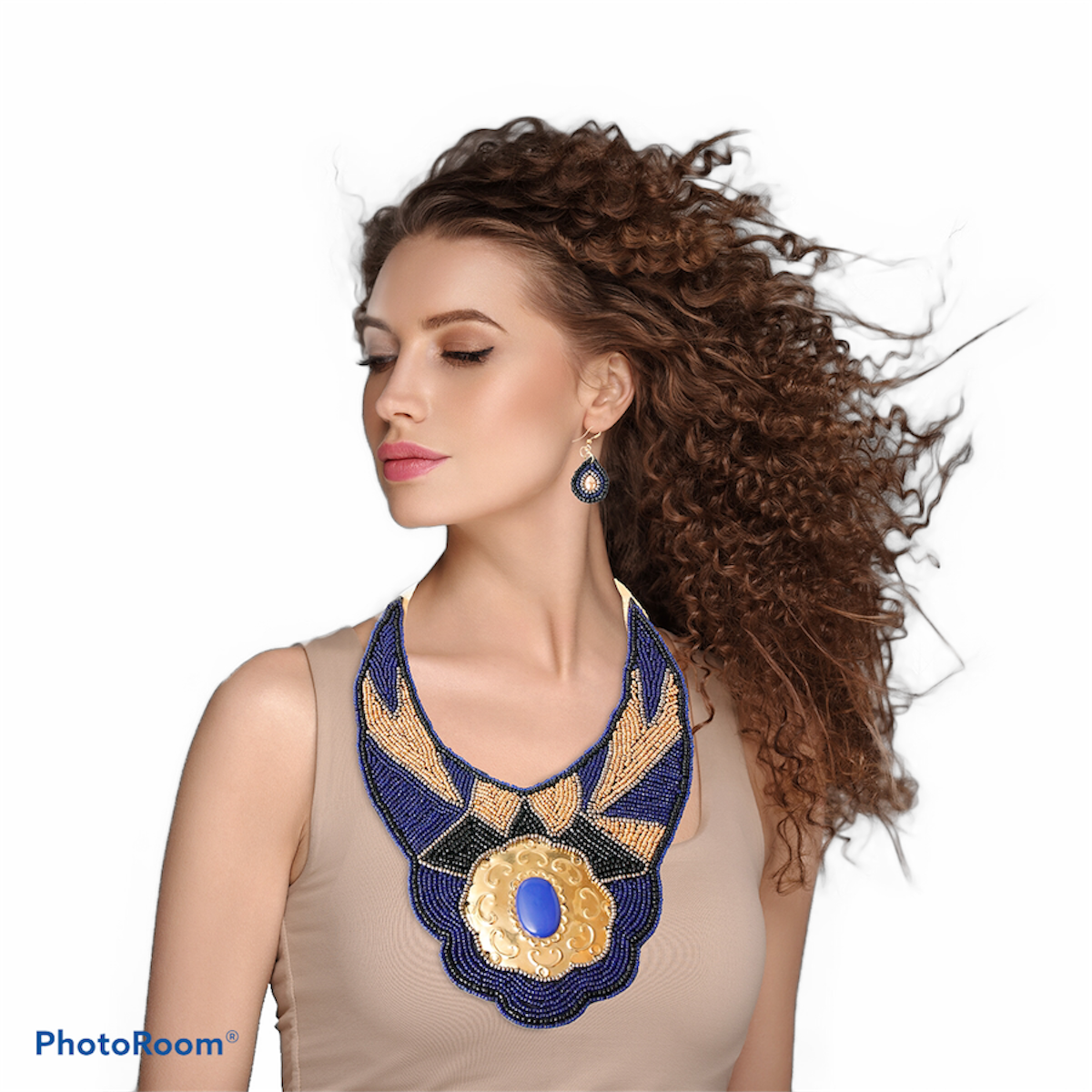 Blue, Gold &amp; Black Beaded Bib Necklace &amp; Earring Set Ribbon Tie Closure
