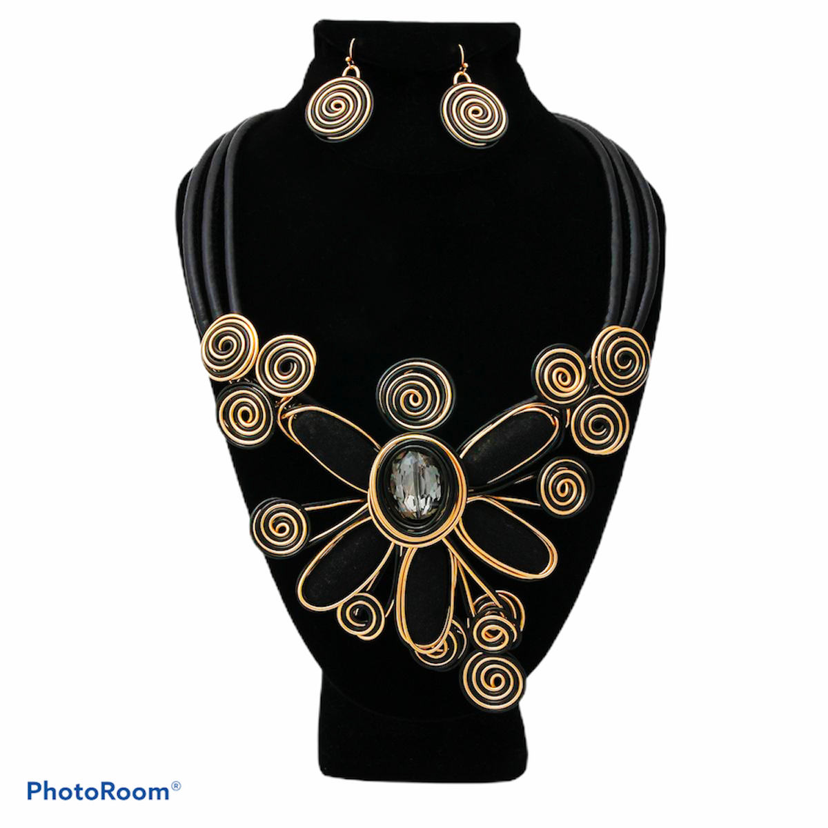 Gold Wire Wrapped Black Leather Cord &amp; Crystal Necklace &amp; Earring Set
