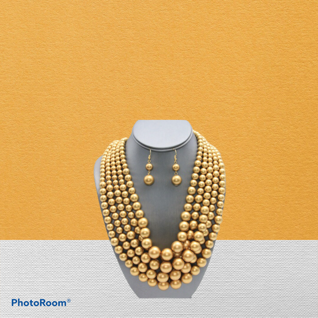 Gold Pearl Five Strand Necklace &amp; Earring Set