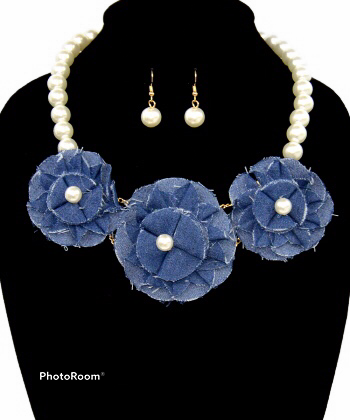 White Pearl &amp; Denim Necklace &amp; Earring Set