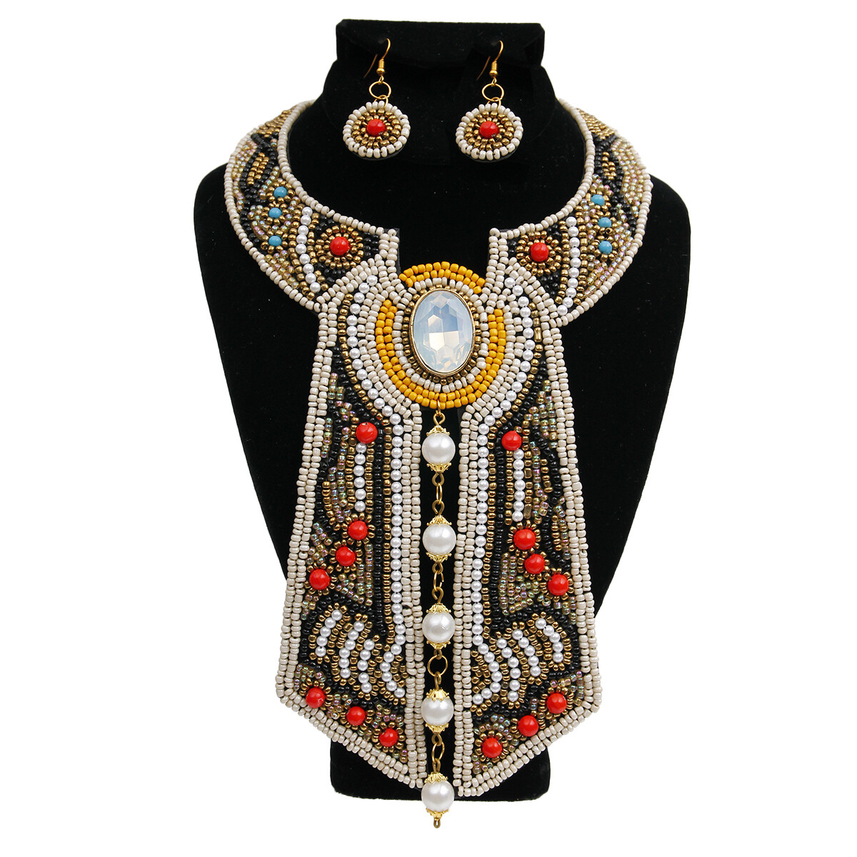 Creme &amp; Black with Pearl Cravat Style Bib Necklace &amp; Earring Set