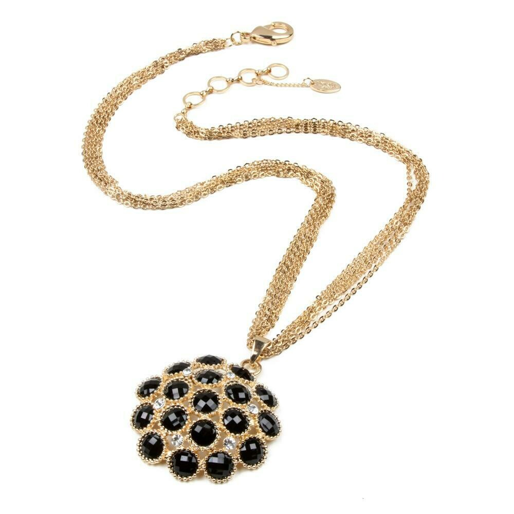 Gold &amp; Black Circular Pendant with Austrian Crystals